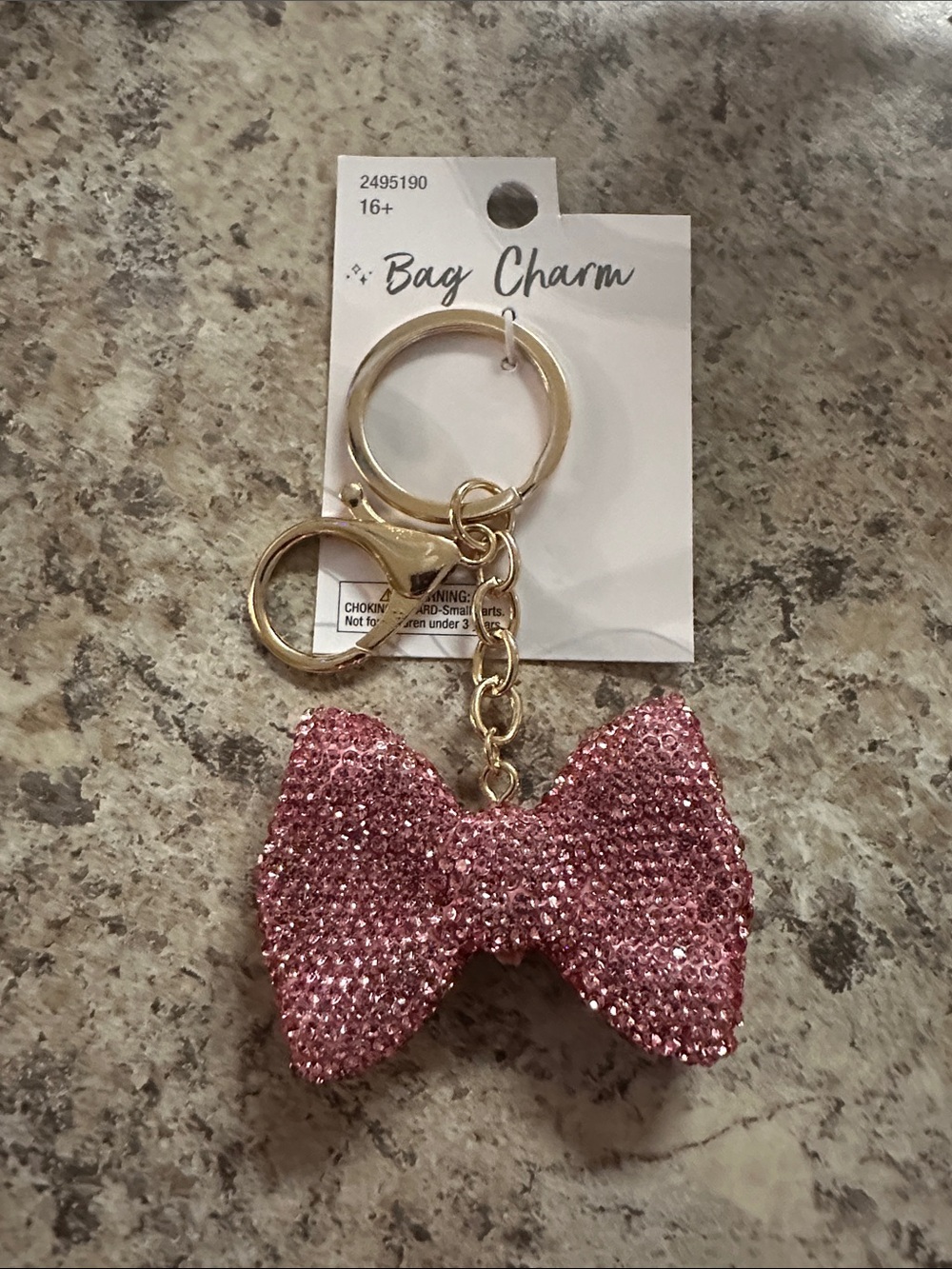 Sparkling Pink Bow Key & Bag Charm with Gold Hardware